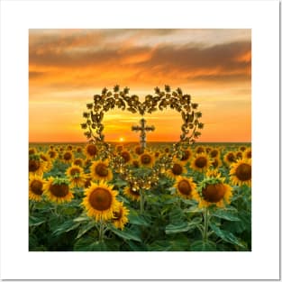 Sunflower Field Sunset Heart Frame Around Cross, Romantic Nature Photography Art Posters and Art